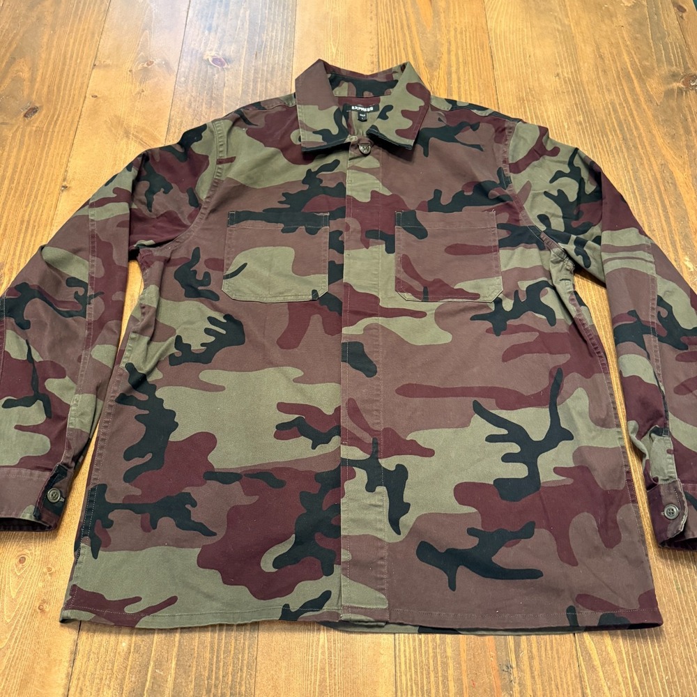 Express Camo Shirt Shacket‎ Mens Large Button Up Burgundy Green Military